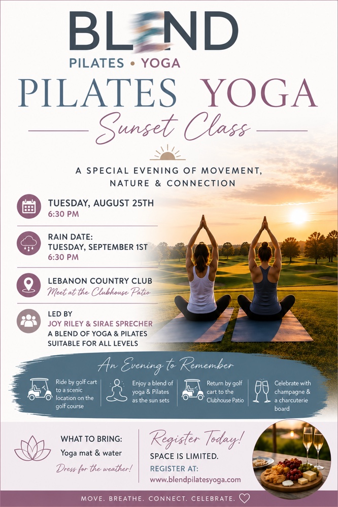 Poster with full details for the Pilates Yoga Sunset Class